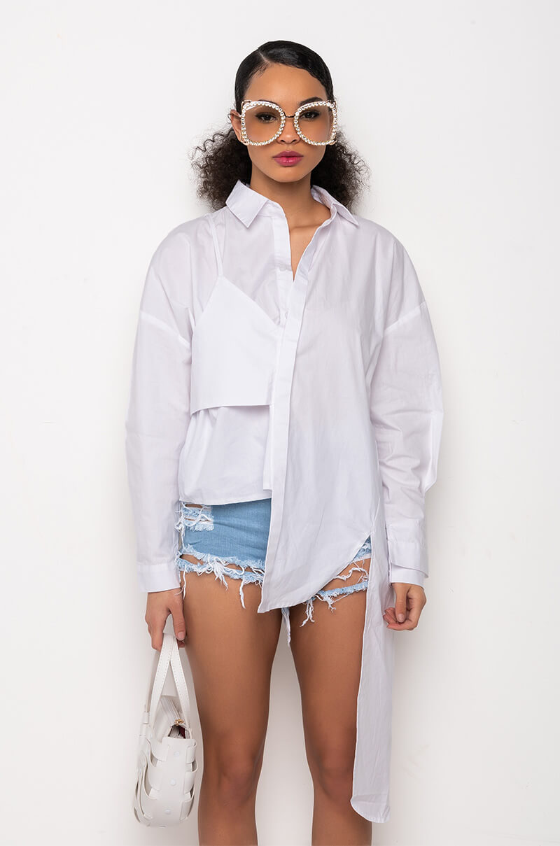 LILA LAYERED LOOK ASYMMETRICAL POPLIN BLOUSE