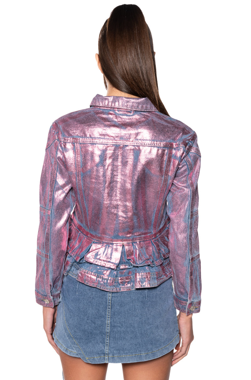 METALLIC DENIM PEPLUM JACKET