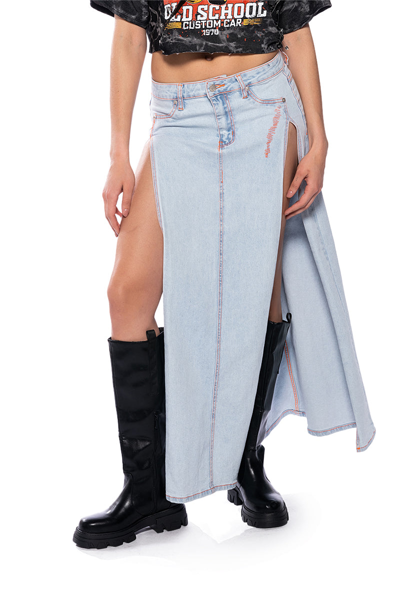 MIA DOUBLE SLIT MAXI DENIM SKIRT