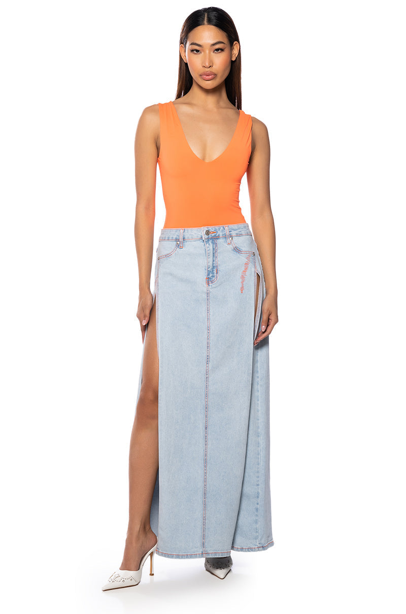 MIA DOUBLE SLIT MAXI DENIM SKIRT