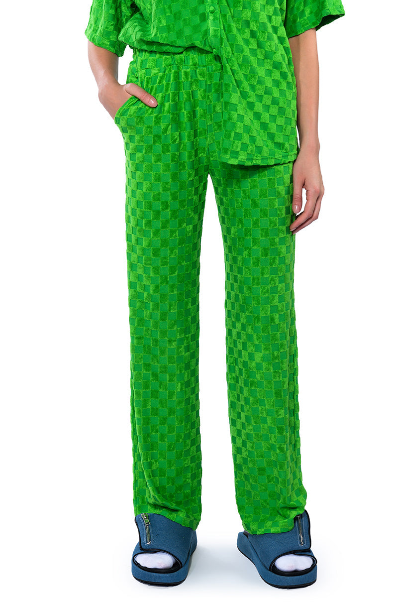 MICHELLE TERRY CHECKER TEXTURED WIDE LEG PANT