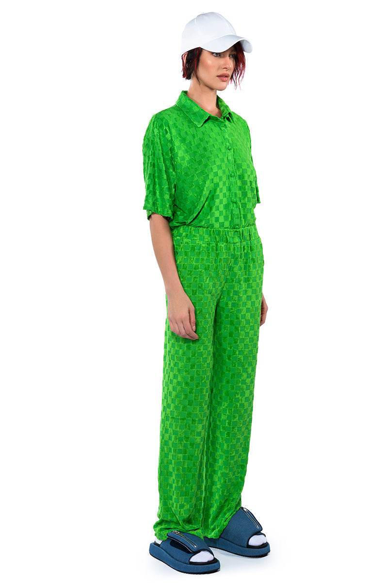 MICHELLE TERRY CHECKER TEXTURED WIDE LEG PANT