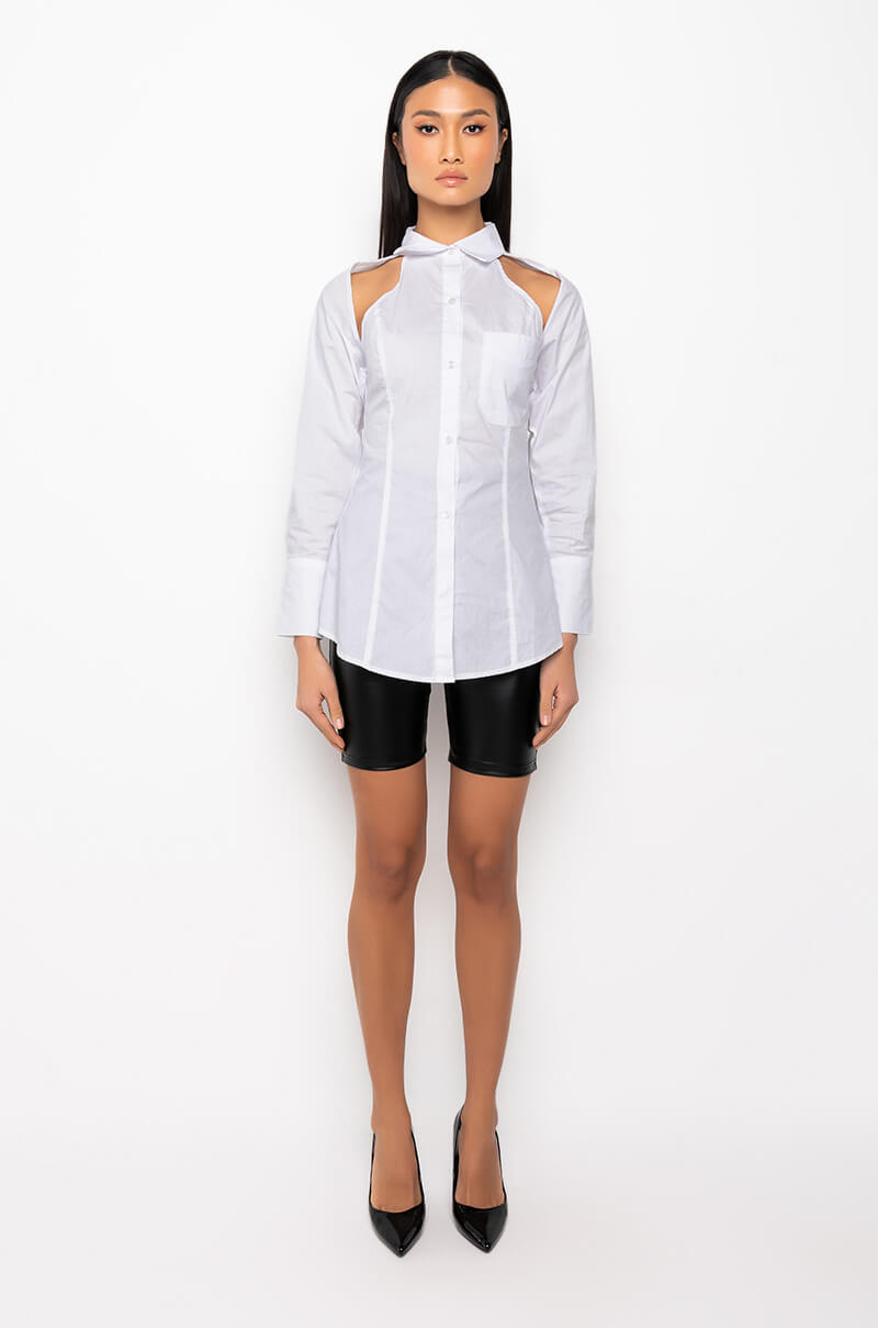 MISS CEO CUTOUT LONG SLEEVE POPLIN BLOUSE