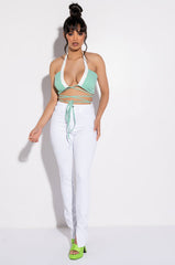 MODERN ART WRAP FRONT POPLIN HALTER CROP TOP