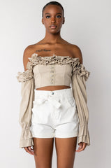 MODERN ROMANCE RUFFLE OFF THE SHOULDER CROPPED BLOUSE