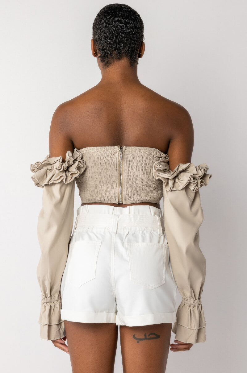 MODERN ROMANCE RUFFLE OFF THE SHOULDER CROPPED BLOUSE