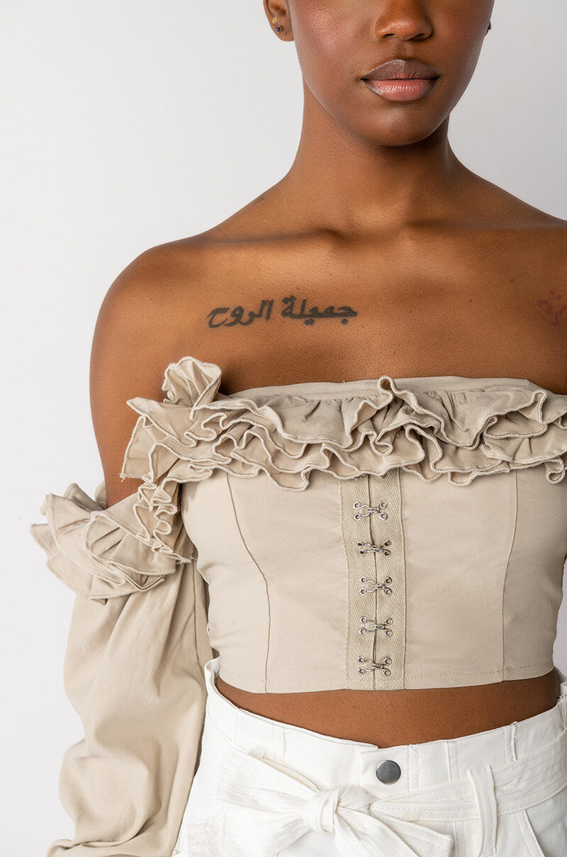 MODERN ROMANCE RUFFLE OFF THE SHOULDER CROPPED BLOUSE