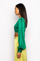MONEY IS THE MOTIVE SATIN TWIST FRONT CROPPED BLOUSE