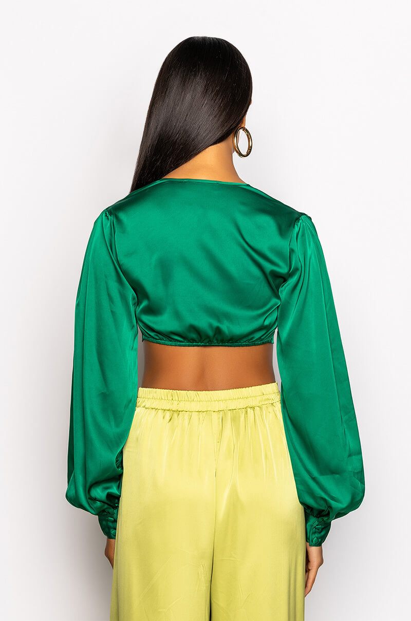 MONEY IS THE MOTIVE SATIN TWIST FRONT CROPPED BLOUSE