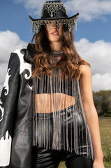 MOONCATCHER RHINESTONE FRINGE SLEEVELESS CROPPED BLOUSE