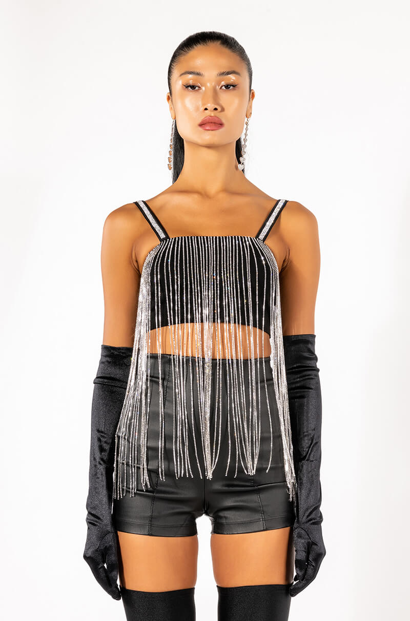 MOONCATCHER RHINESTONE FRINGE SLEEVELESS CROPPED BLOUSE