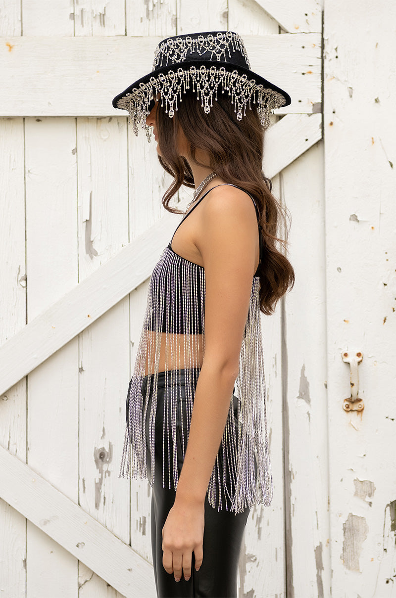 MOONCATCHER RHINESTONE FRINGE SLEEVELESS CROPPED BLOUSE