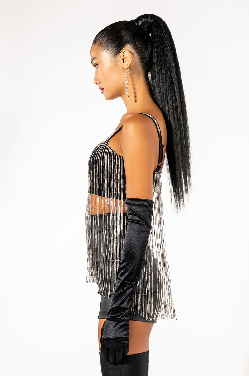 MOONCATCHER RHINESTONE FRINGE SLEEVELESS CROPPED BLOUSE