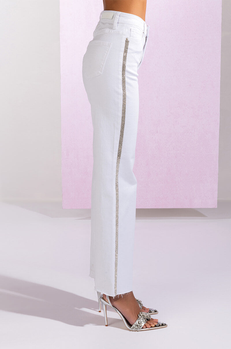 MOONWALKER RHINESTONE HIGH RISE SIDE SLIT STRAIGHT LEG JEANS