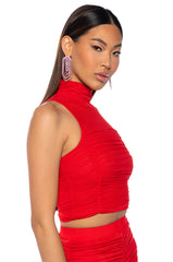 MORA MOCK NECK MESH TOP IN RED