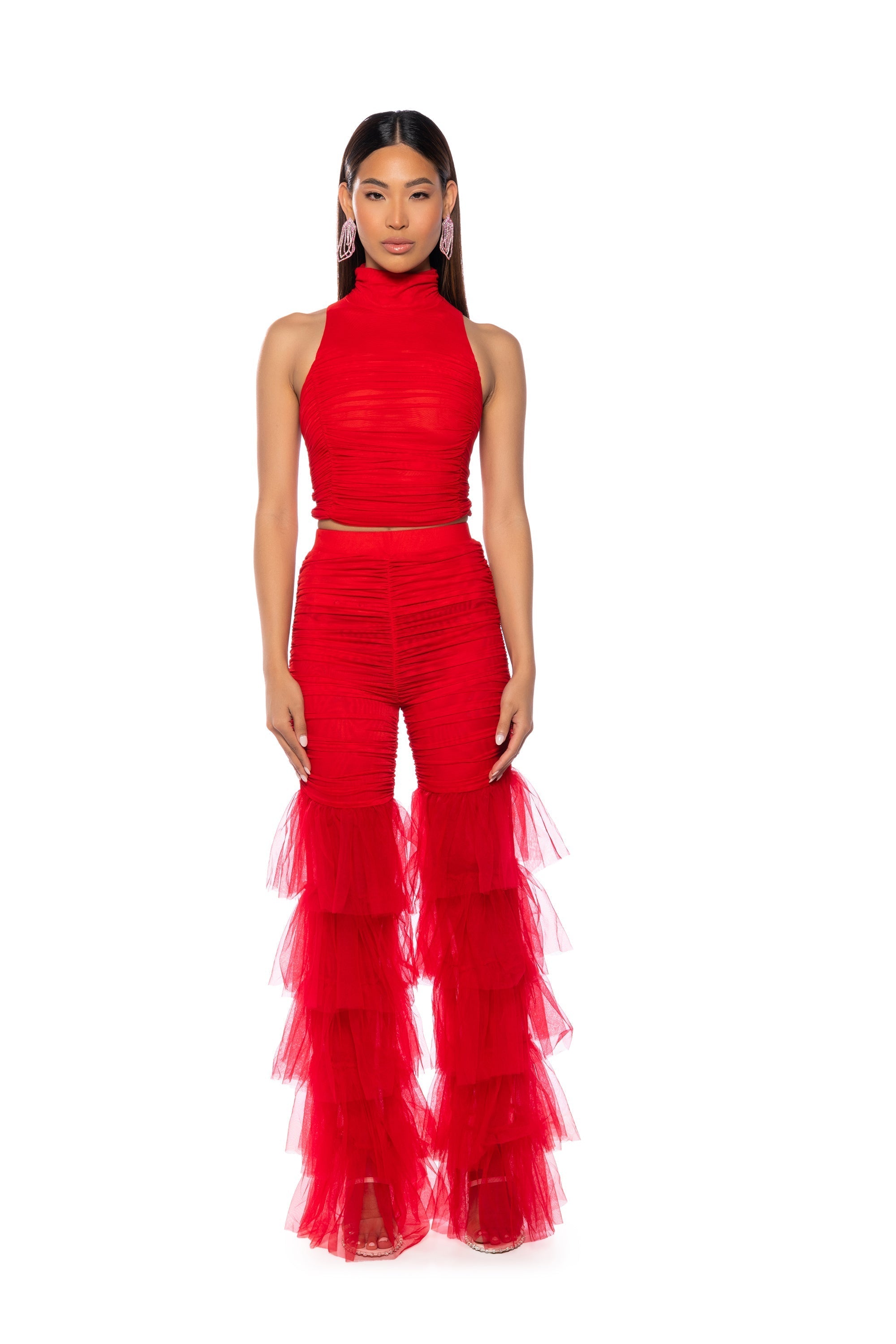 MORA MOCK NECK MESH TOP IN RED