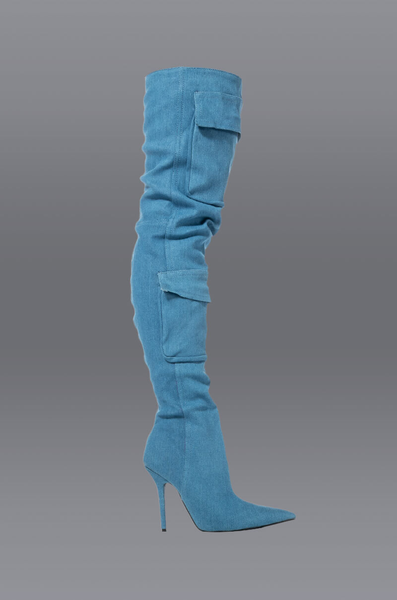 MOTOFOX STILETTO OVER THE KNEE BOOT IN BLUE DENIM