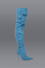 MOTOFOX STILETTO OVER THE KNEE BOOT IN BLUE DENIM