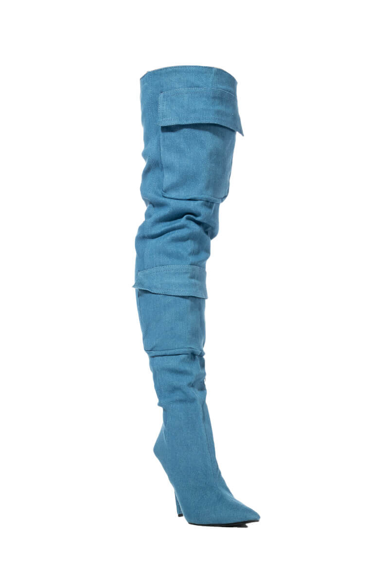 MOTOFOX STILETTO OVER THE KNEE BOOT IN BLUE DENIM