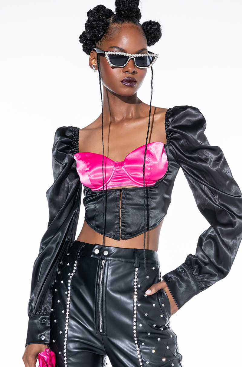 MY TYPE BUSTIER FRONT SATIN BLOUSE