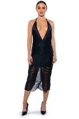NADINE LOW BACK FRINGE MIDI DRESS