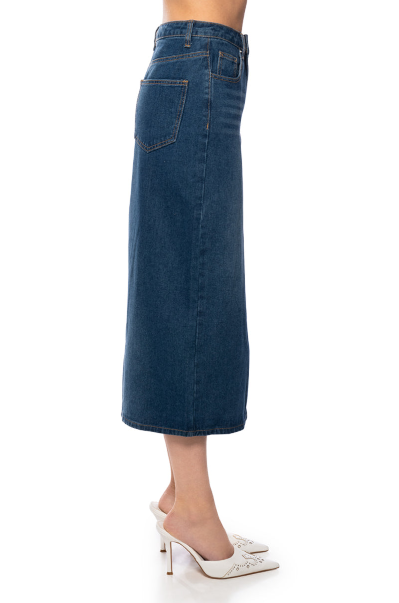 NAUGHTY OR NICE DRAMA SLIT DENIM SKIRT