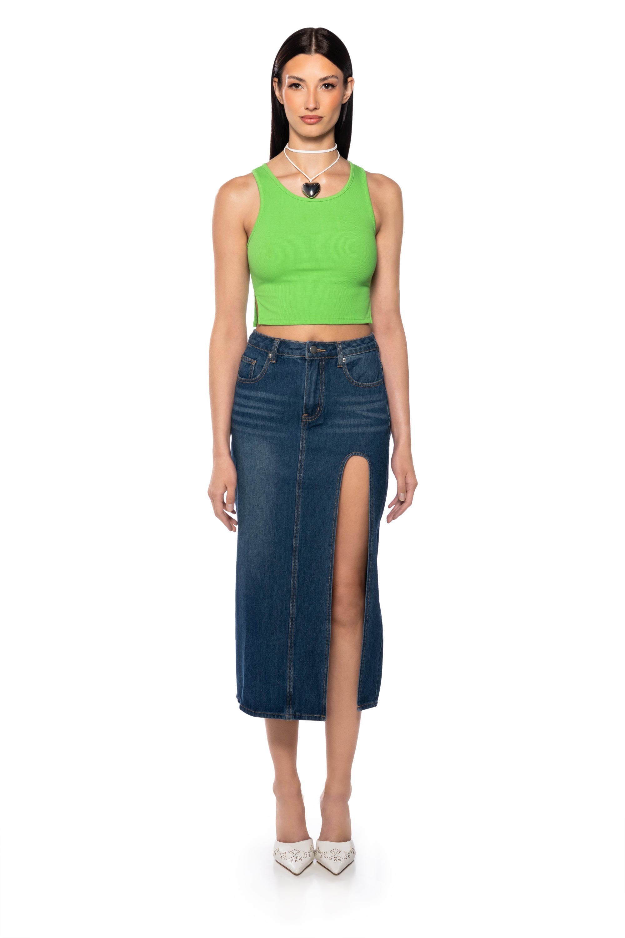 NAUGHTY OR NICE DRAMA SLIT DENIM SKIRT