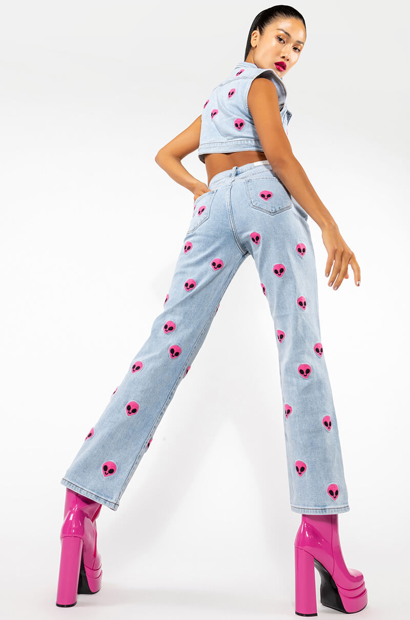 NEBULA PATCHED HIGH WAISTED WIDE LEG JEANS