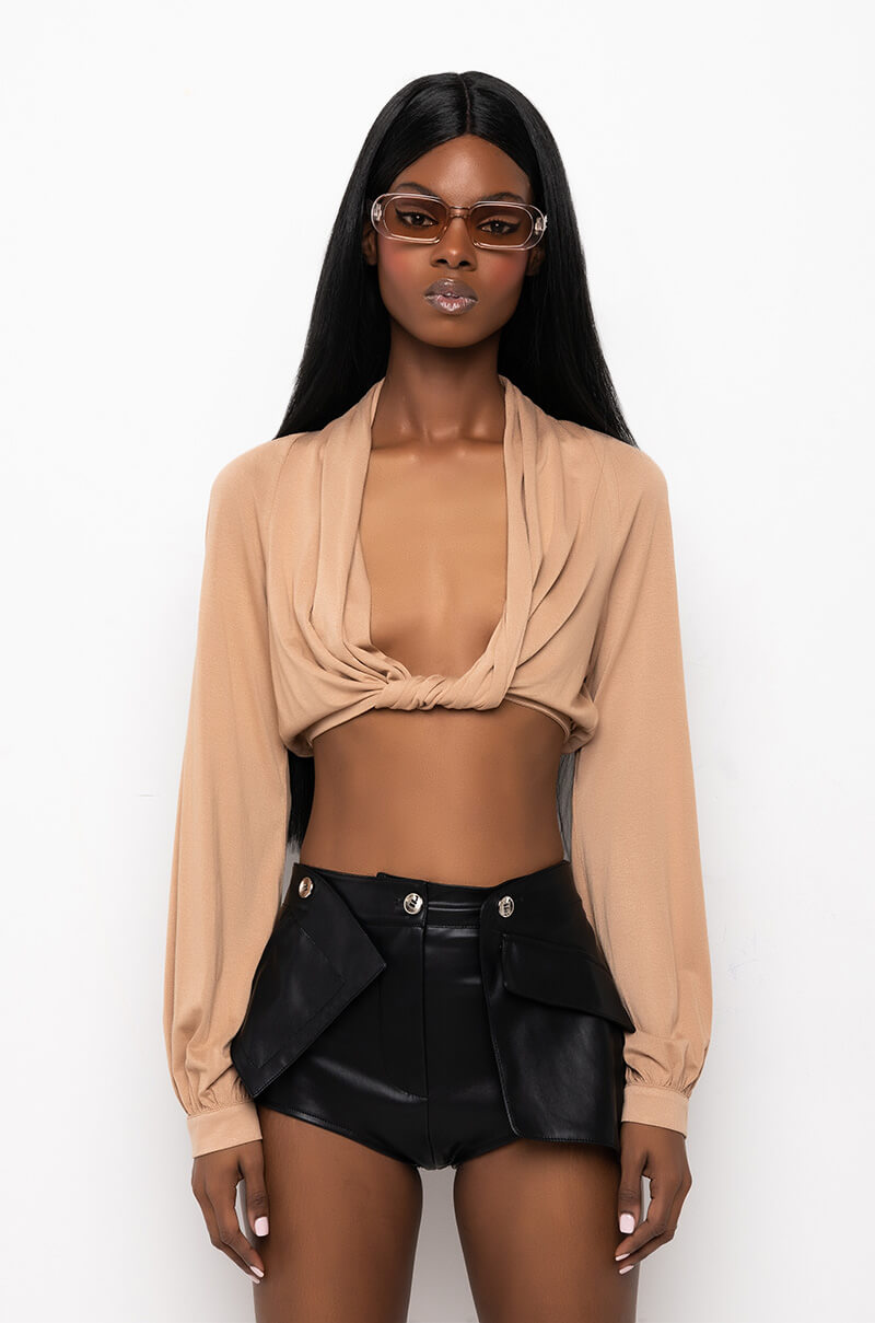 NEVER BE LIKE YOU TWIST FRONT CROP LONG SLEEVE TOP