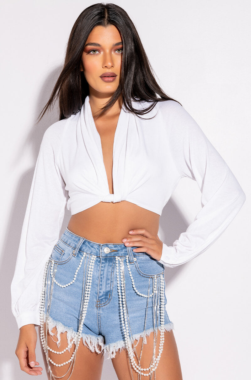NEVER BE LIKE YOU TWIST FRONT CROP LONG SLEEVE TOP