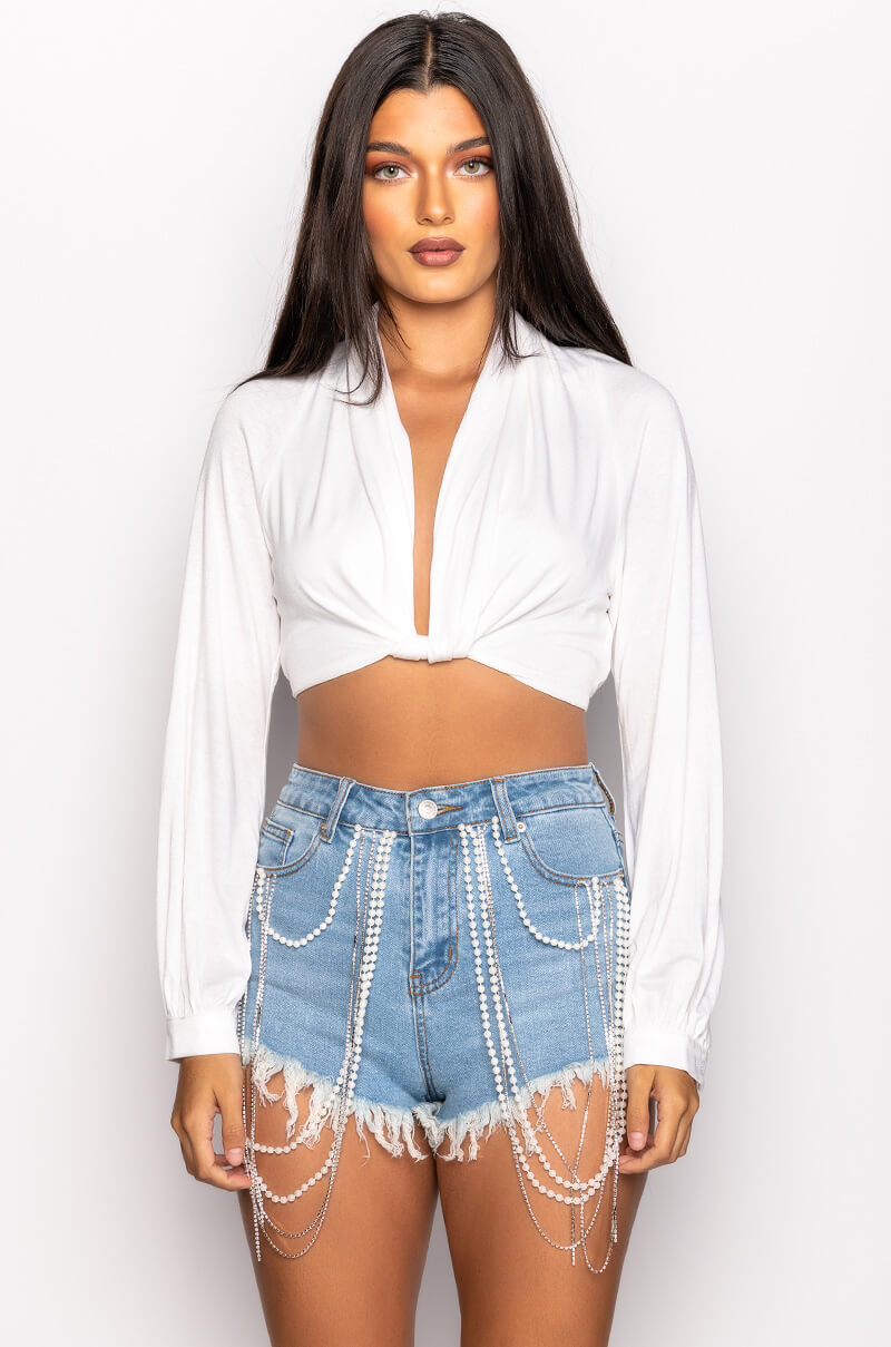 NEVER BE LIKE YOU TWIST FRONT CROP LONG SLEEVE TOP