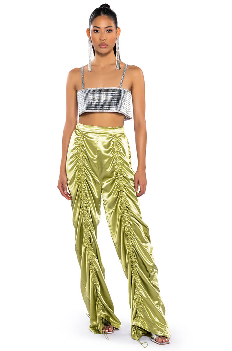 NEVER REGULAR CINCHED SATIN HIGH RISE PANTS