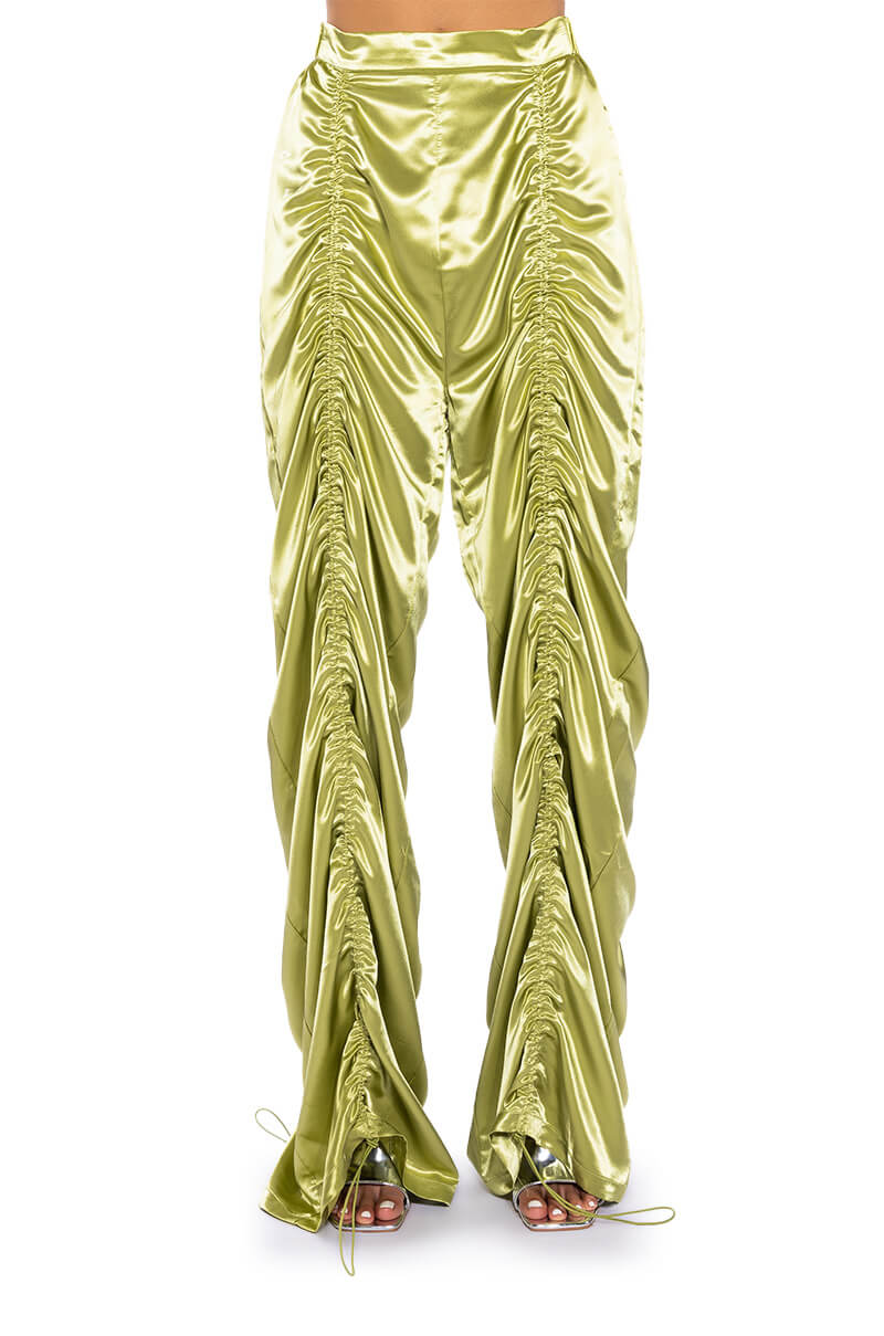 NEVER REGULAR CINCHED SATIN HIGH RISE PANTS