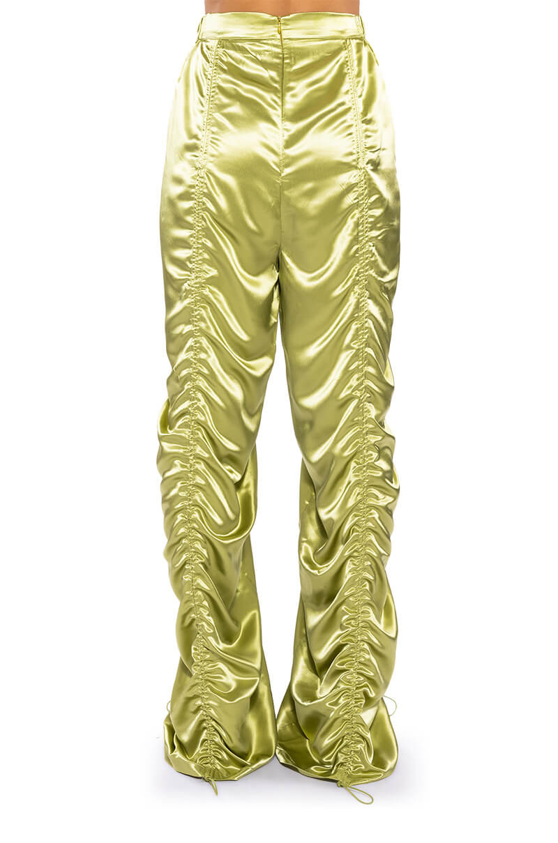 NEVER REGULAR CINCHED SATIN HIGH RISE PANTS