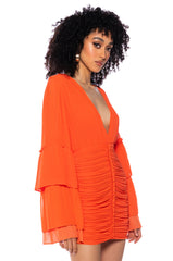 NEVER SETTLE DEEP V RUCHED LONG SLEEVE MINI DRESS