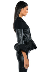 THREE QUARTER BELL SLEEVE MOTO JACKET WITH PU PANEL