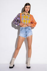NEW TO HER CROPPED BUTTON UP PLAID TOP