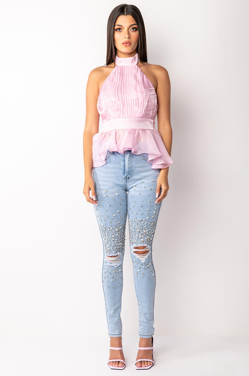 NEXT DOOR SLEEVELESS PEPLUM ORGANZA BLOUSE