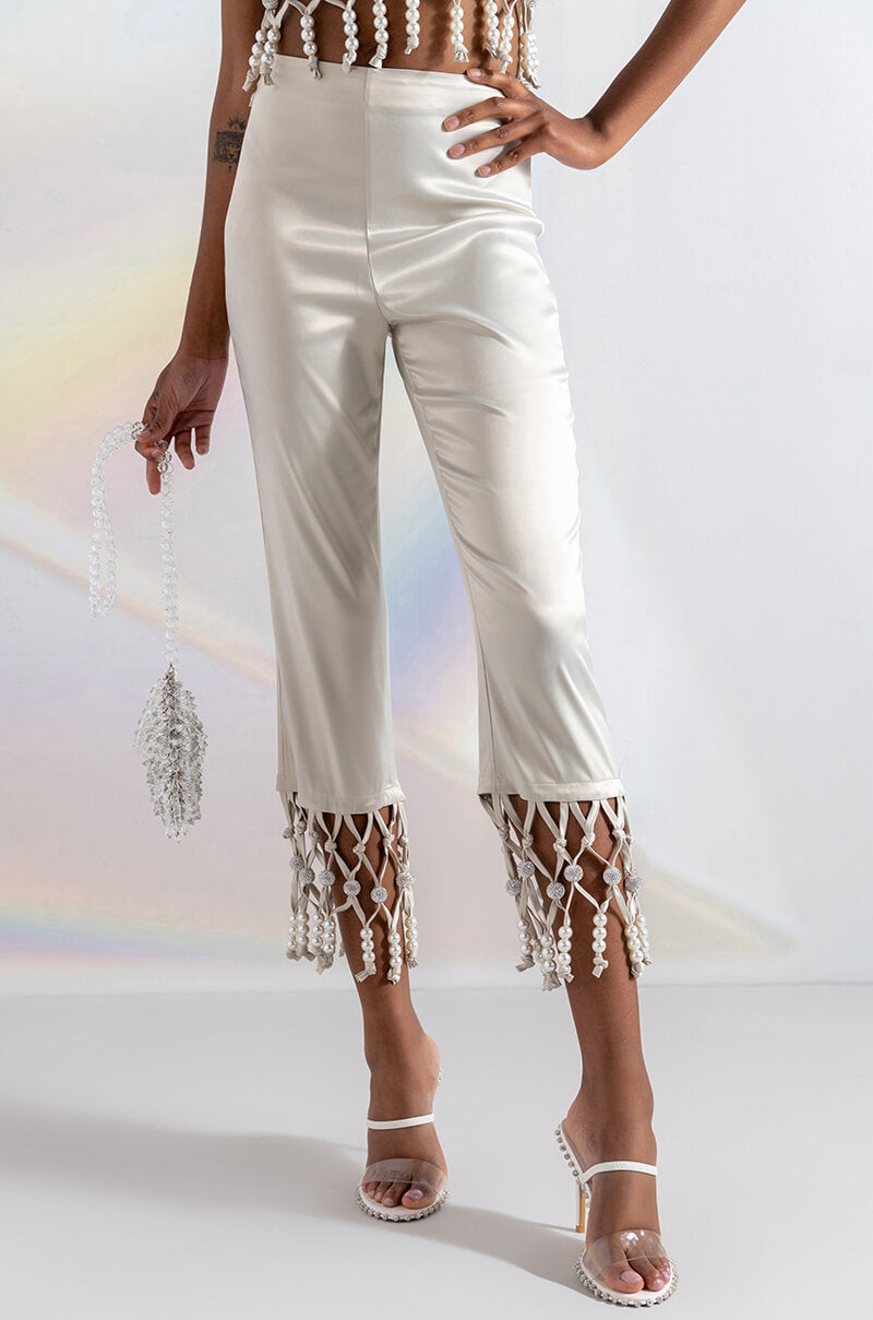 NEXT STOP CANNES BEADED TRIM HIGH WAIST SATIN PANT