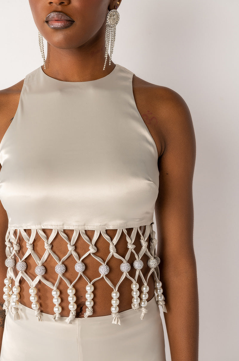 NEXT STOP CANNES BEADED TRIM SLEEVELESS SATIN BLOUSE
