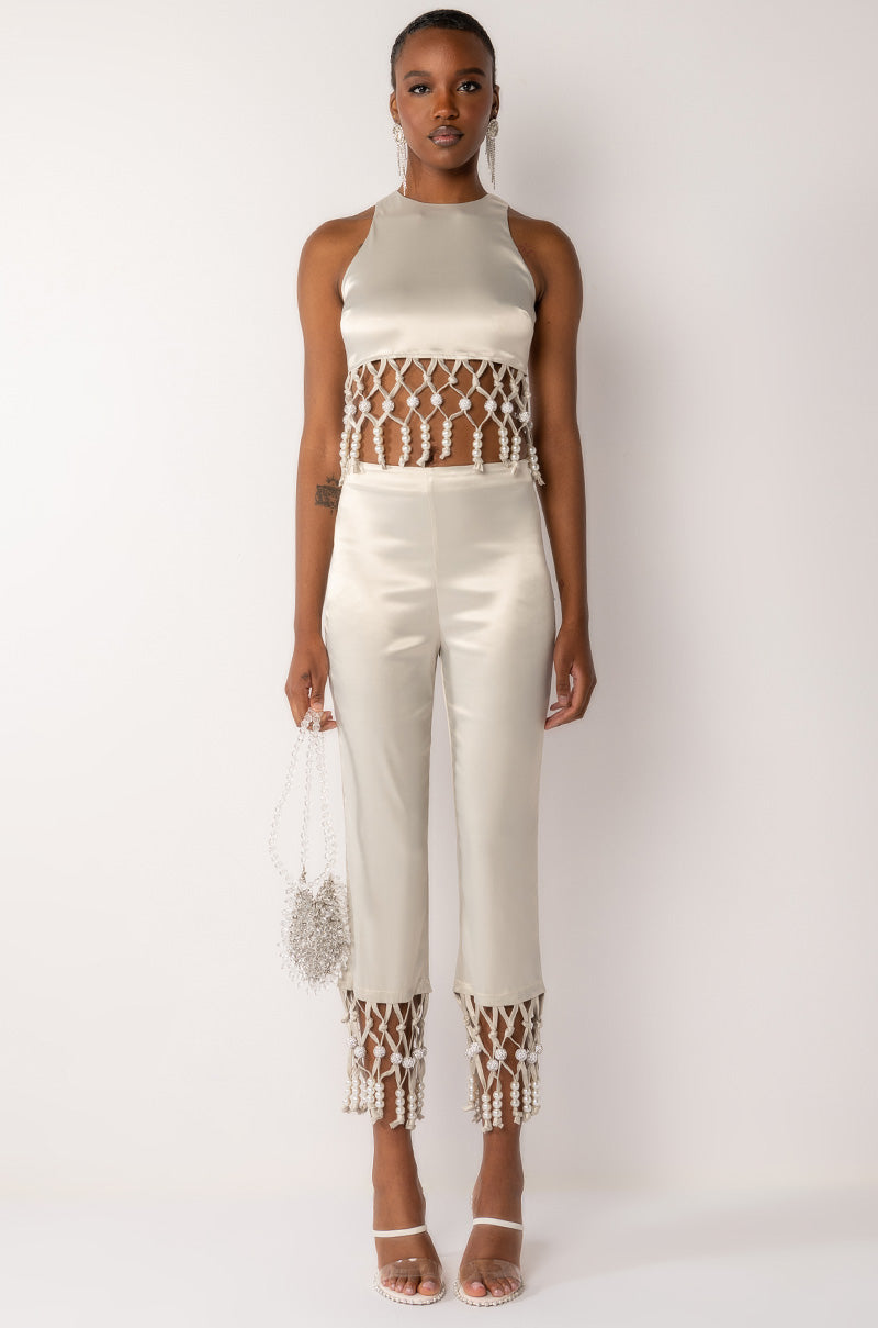 NEXT STOP CANNES BEADED TRIM SLEEVELESS SATIN BLOUSE