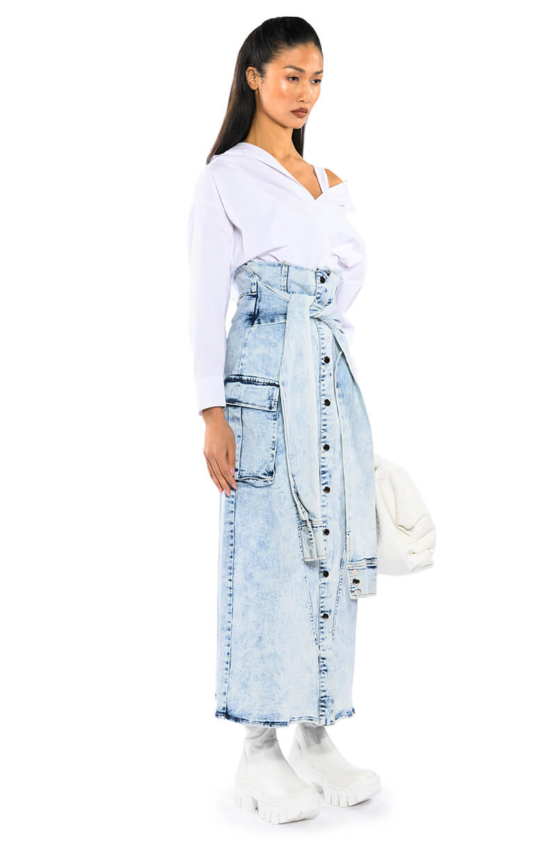 NEXT UP BLEACHED DENIM MAXI SKIRT