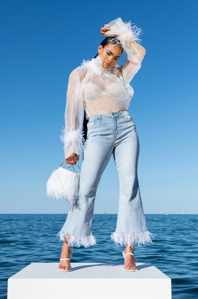 NICE TO MEET YOU FEATHER TRIM LONG SLEEVE ORGANZA BLOUSE