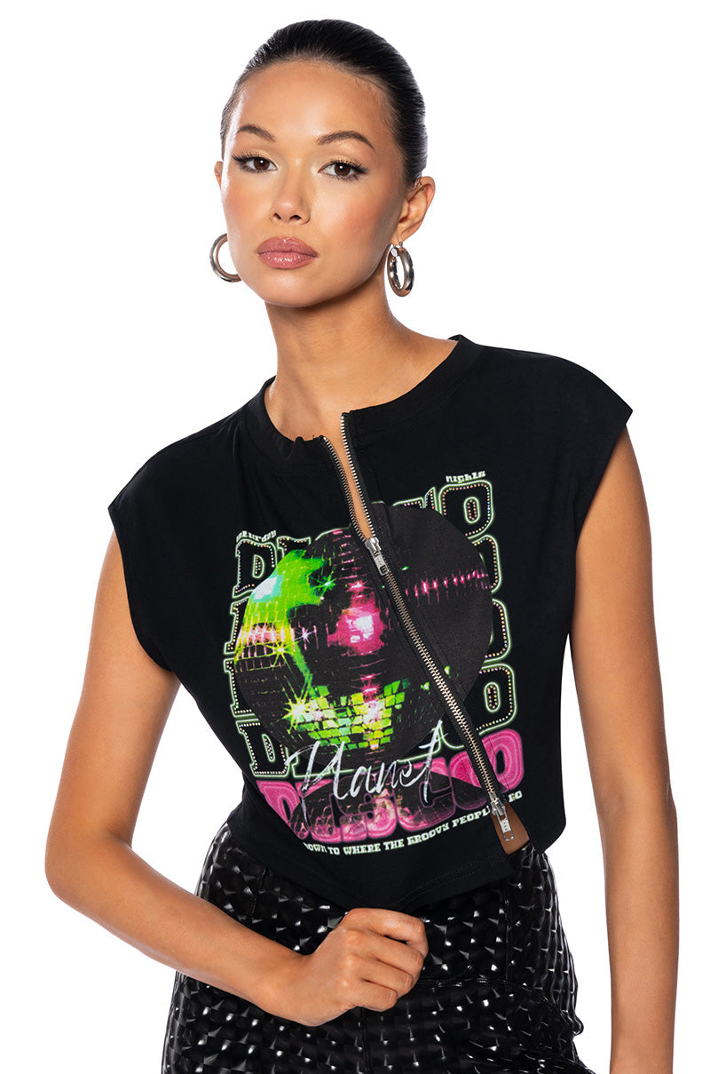 NIGHT AT THE DISCO ZIPPER DETAIL CUT OFF SWEATSHIRT