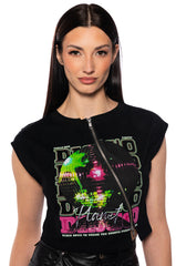 NIGHT AT THE DISCO ZIPPER DETAIL CUT OFF SWEATSHIRT