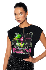 NIGHT AT THE DISCO ZIPPER DETAIL CUT OFF SWEATSHIRT