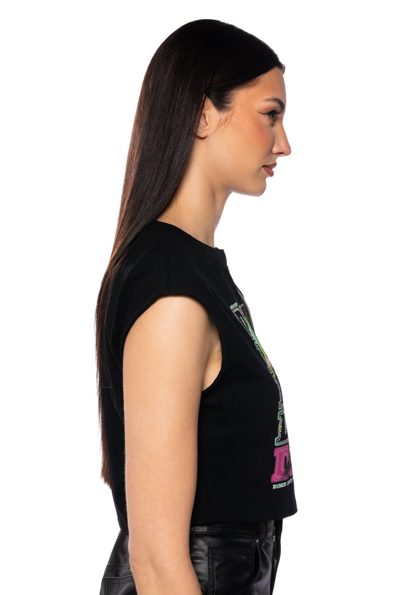 NIGHT AT THE DISCO ZIPPER DETAIL CUT OFF SWEATSHIRT