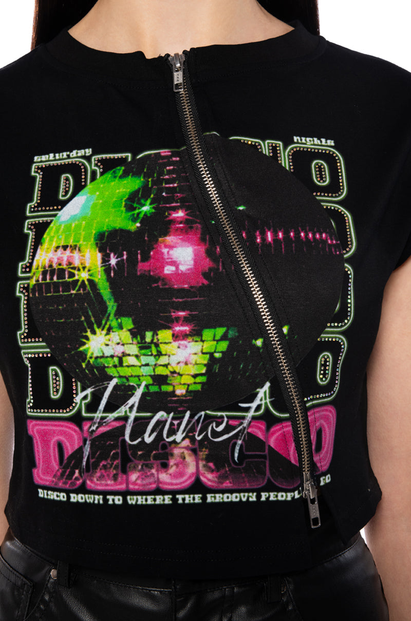 NIGHT AT THE DISCO ZIPPER DETAIL CUT OFF SWEATSHIRT