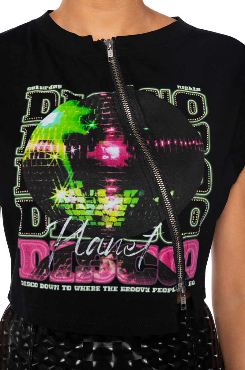 NIGHT AT THE DISCO ZIPPER DETAIL CUT OFF SWEATSHIRT
