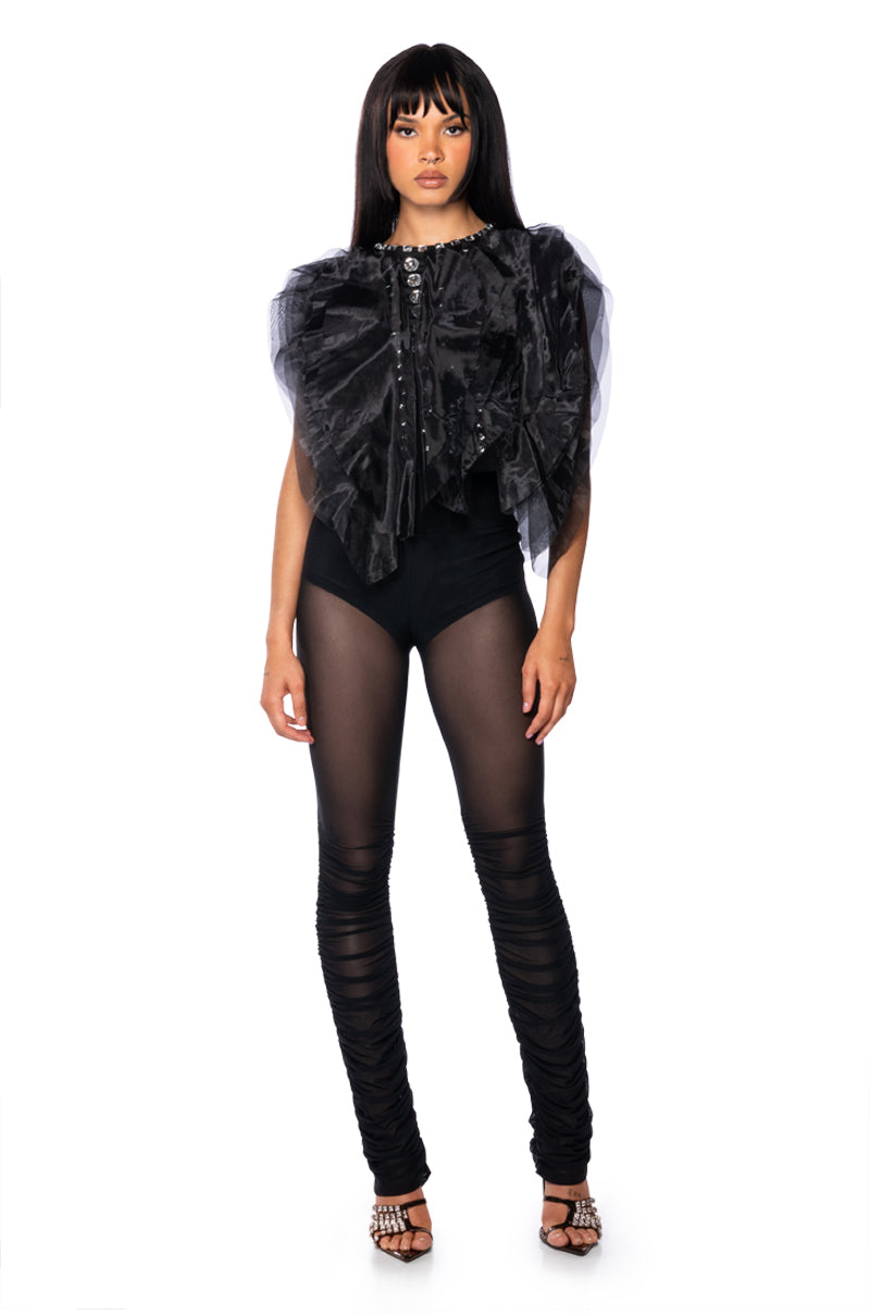 NIGHT OUT RUCHED MESH LEGGING IN BLACK